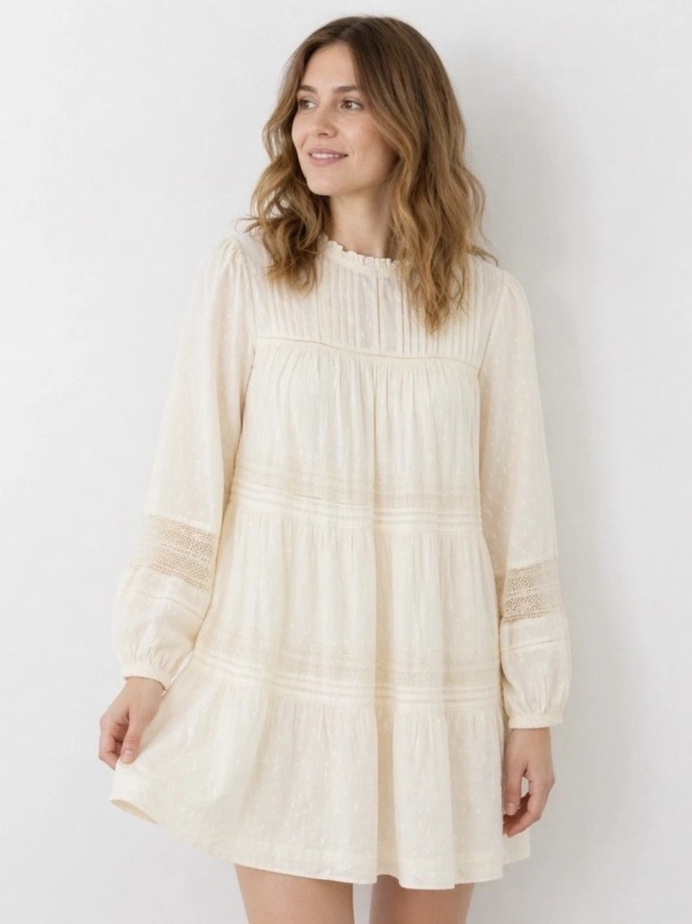 GAP Cream Long-Sleeve Tiered Mini Dress